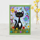 Carte Tuxedo Chat Assis Dans Un Jardin (Fleur jaune)