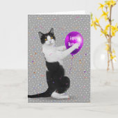 Carte Tuxedo Chat avec ballon d'anniversaire (Fleur jaune)