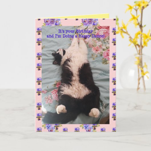 Carte Tuxedo Chat Cute Funny Happy Dance Chats Viola Car (Fleur jaune)