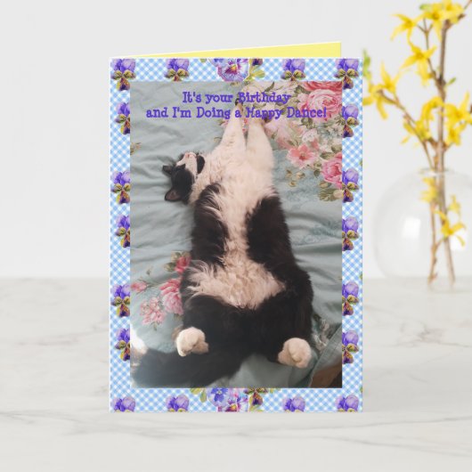 Carte Tuxedo Chat Cute Funny Happy Dance Chats Viola Car (Fleur jaune)