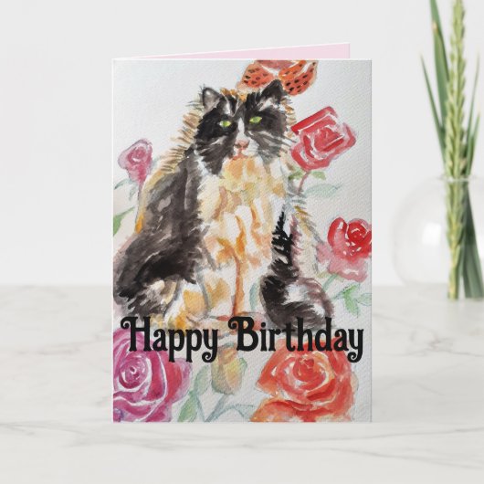 Carte Tuxedo Chat Cute Rose Fleurs Chats Aquarelle Rose (Devant)