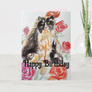 Carte Tuxedo Chat Cute Rose Fleurs Chats Aquarelle Rose
