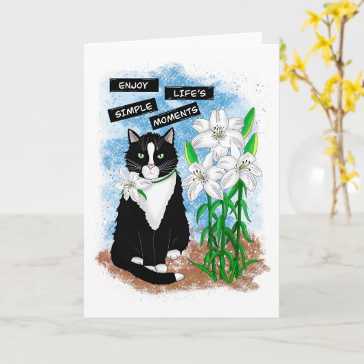 Carte Tuxedo Chat et Lilies | Devis inspirant (Fleur jaune)