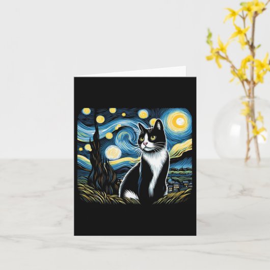 Carte Tuxedo Chat Starry Peinture de nuit Tuxedo Proprié (Fleur jaune)