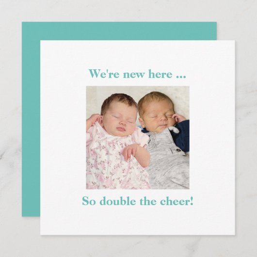 Carte Twin Babies Turquoise Photo Naissance contemporain (Devant / Derrière)