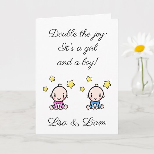 Carte Twin Baby Congratulations, Custom Girl & Boy  (Petite plante)