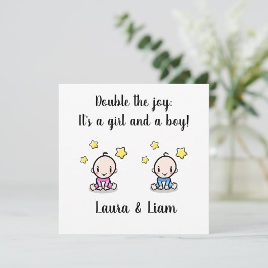 Carte Twin Baby Girl & Boy Félicitations Avec Les Noms, (Debout devant)