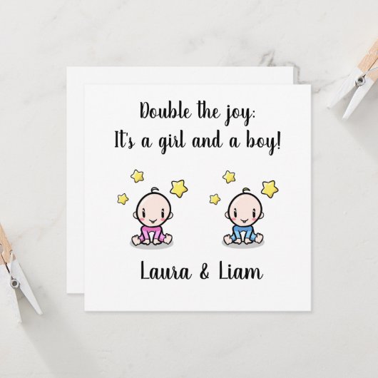Carte Twin Baby Girl & Boy Félicitations Avec Les Noms, (Devant/Arrière en situation)