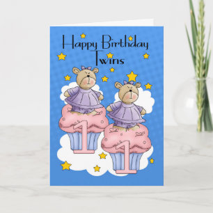 Carte Twin Girl 1er Anniversaire Carte, Avec Cupcake Bea