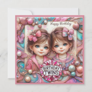 Carte TWIN GIRLS Birday Card ~ jeunes enfants ~ Rose ~