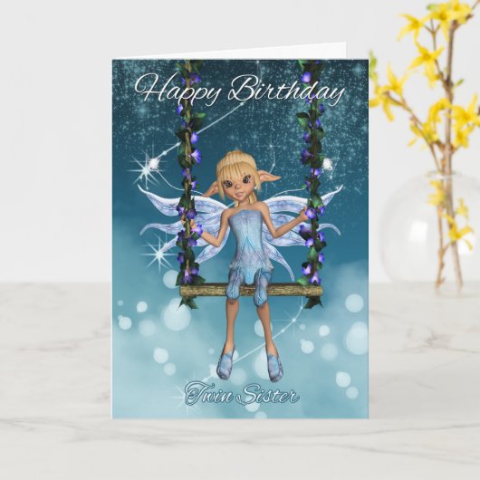 Carte Twin Sister Happy Birthday jolie fée sur swing (Fleur jaune)