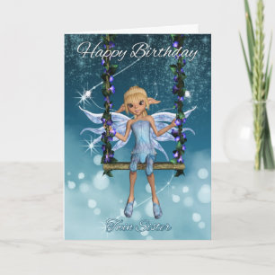Carte Twin Sister Happy Birthday jolie fée sur swing