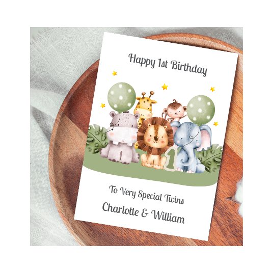 Carte Twins 1st Birthday Safari Leaf Animals Card