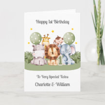 Twins 1st Birthday Safari Leaf Animals Card
