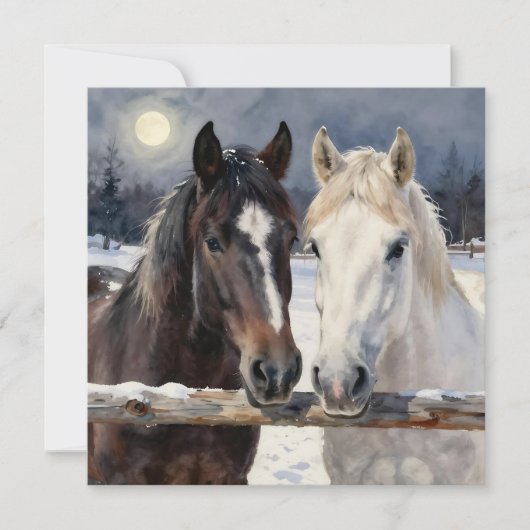 Carte Two Horses on a Snowy Farm | Blank (Devant)
