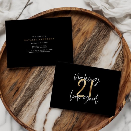 Carte Typographie moderne 21e anniversaire noir et or