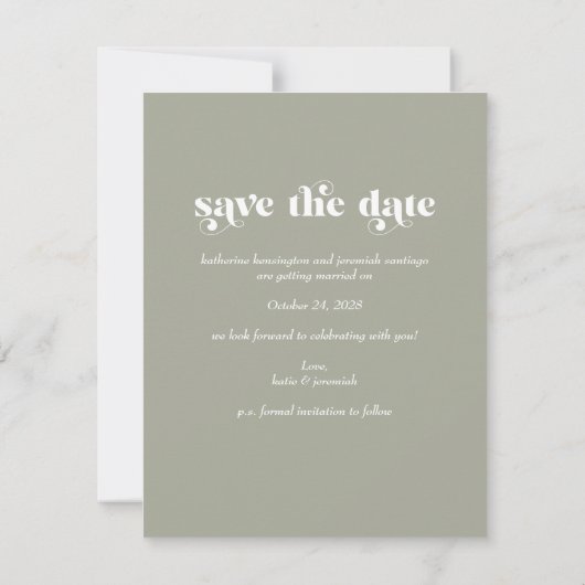 Carte Typographie rétro Sage mariage vert Enregistrer la (Dos)