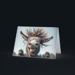 Carte Un âne fou sur la clôture pour l'anniversaire<br><div class="desc">Un âne comique colle sa tête au-dessus d'une barrière en bois qui grince largement avec des cheveux désordonnés volant dans toutes les directions Texte est modifiable.</div>