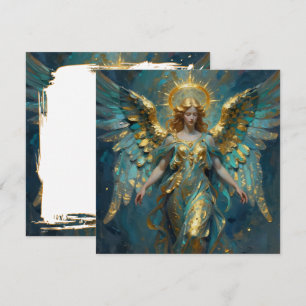 Carte Un ange magnifique en or et turquoise sur fond bla