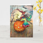 Carte Un art de Halloween de chat de sorcière de potiron (Fleur jaune)