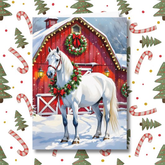 Carte Un Cheval Blanc Festif et une Grange d'hiver Noël