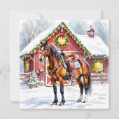 Carte Un Cheval Brown Festif et une grange d'hiver Noël (Devant)
