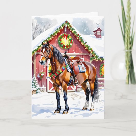 Carte Un Cheval Brown Festif et une grange d'hiver Noël (Devant)