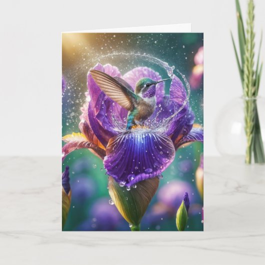 Carte Un colibri qui s'agite dans un Iris pourpre (Devant)
