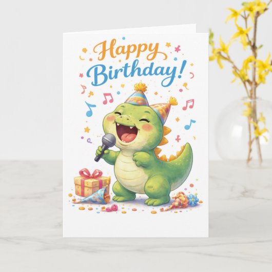Carte Un dinosaure amusant qui chante joyeux anniversair (Fleur jaune)