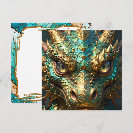 Carte Un dragon mystique turquoise et or (Devant / Derrière)