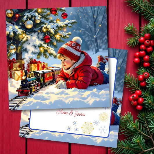 Carte Un garçon et son train de Noël