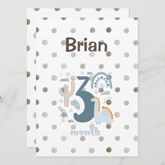 Carte Un joli design de 3 mois avec Dino sur des points (Devant / Derrière)