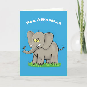 Carte Un joli éléphant drôle avec un oiseau sur le tronc