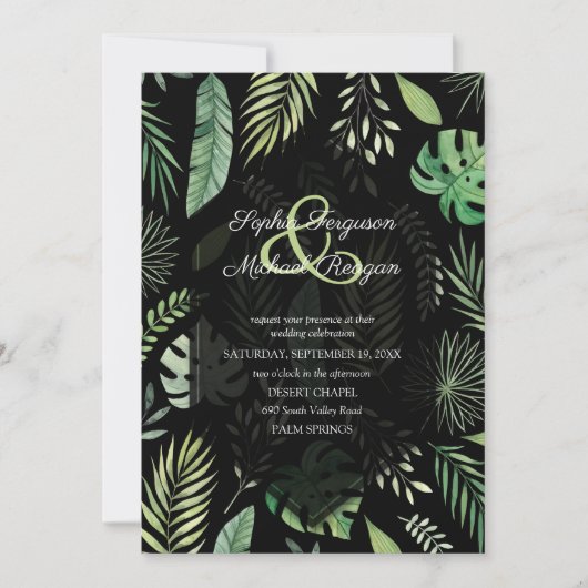 Carte Un mariage botanique noir tropical vert invite (Devant)