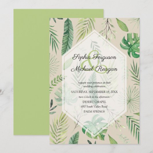 Carte Un mariage botanique tropical vert invite au maria (Devant / Derrière)