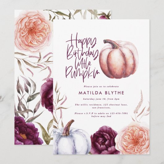 Carte Un petit citrouille fleurs chute violet pêche anni (Devant / Derrière)