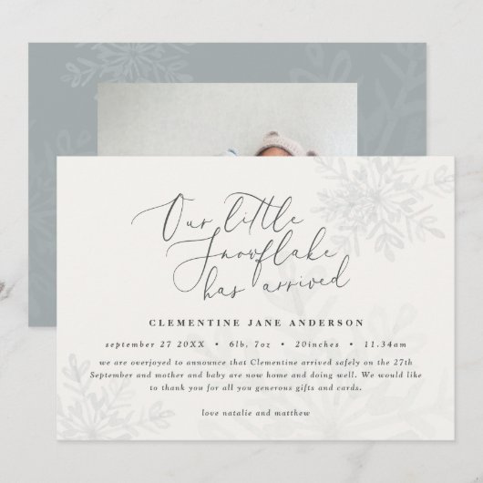 Carte Un petit flocon bleu hiver élégant photo naissance (Devant / Derrière)