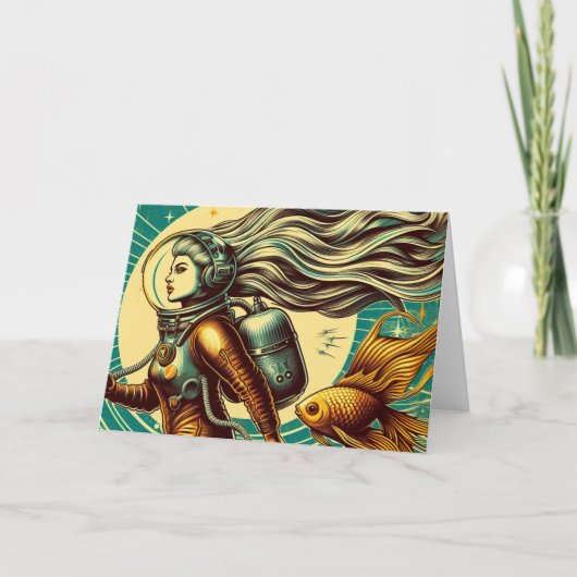 Carte Une astronaute féminine et poisson rouge Retro Tou (Devant)