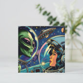 Carte Une astronaute rencontre un Alien extra-terrestre (Debout devant)