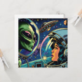 Carte Une astronaute rencontre un Alien extra-terrestre (Devant/Arrière en situation)