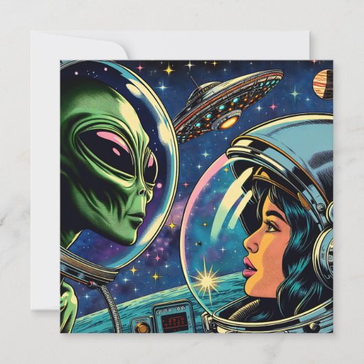 Carte Une astronaute rencontre un Alien extra-terrestre (Devant)