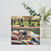 Carte Une dame sans-abri se couche sur un banc de parc (Debout devant)