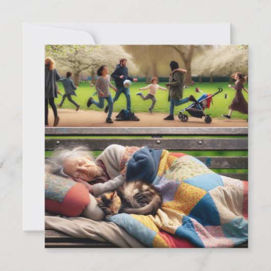 Carte Une dame sans-abri se couche sur un banc de parc (Devant)