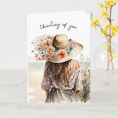 Carte Une femme avec un Casquette de plage pense à vous (Fleur jaune)