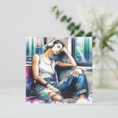 Carte Une femme qui dort dans le métro à écouter de la m (Debout devant)