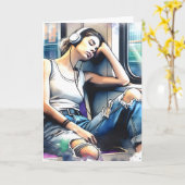 Carte Une femme qui dort dans le métro à écouter de la m (Fleur jaune)