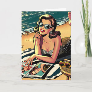 Carte Une femme rétro à la plage   Humour vieillissant A