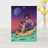 Carte Une fille et son chien dans l'espace (Fleur jaune)