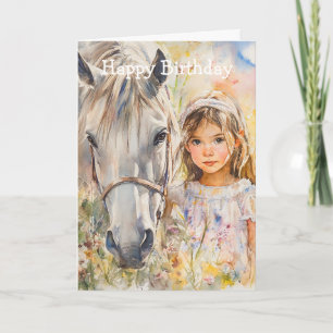 Carte Une petite fille avec un anniversaire à cheval