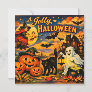 Carte Une sorcière de Halloween vintage joyeuse, fantôme